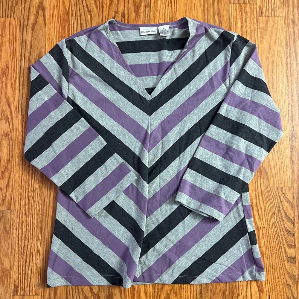 Fashion Bug Y2K Purple Stretch Stripe V Neck Long Sleeve Sweater Top XL